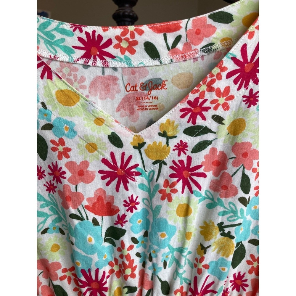 Cat & Jack Floral Kaftan Swim Cover Up Girls Tassel Trim V-Neck White XL 14/16 - Picture 6 of 10